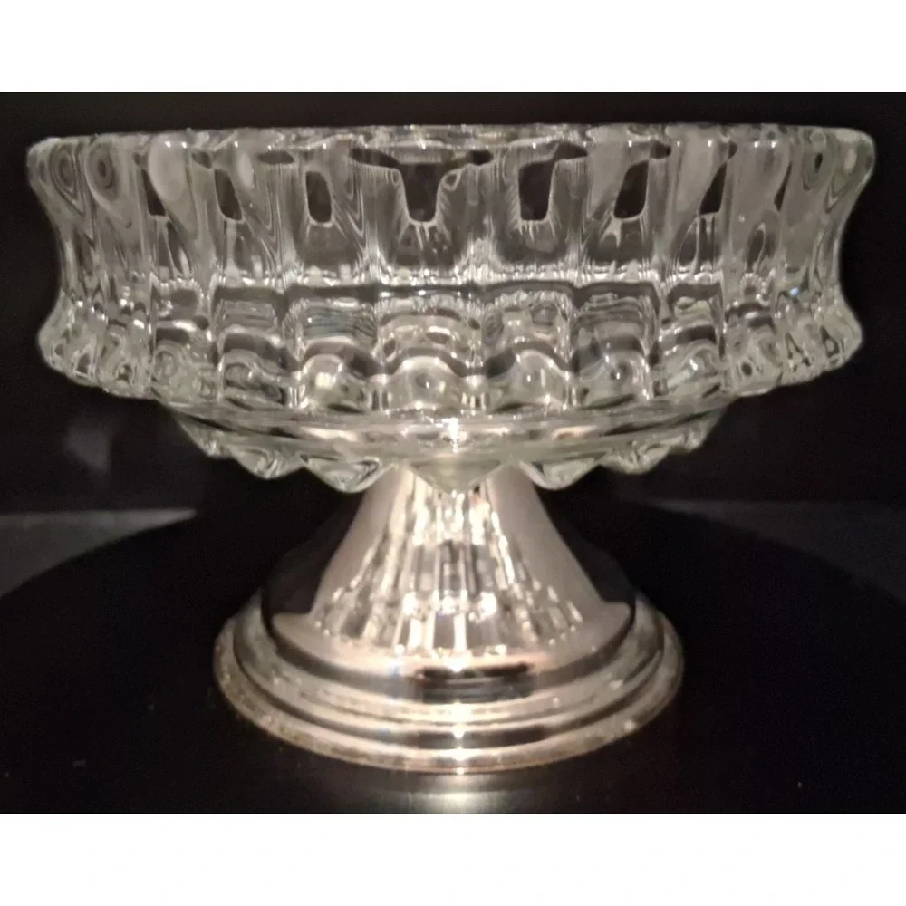Vintage Diamond Point Glass Dessert Dish with Silver-plate Base